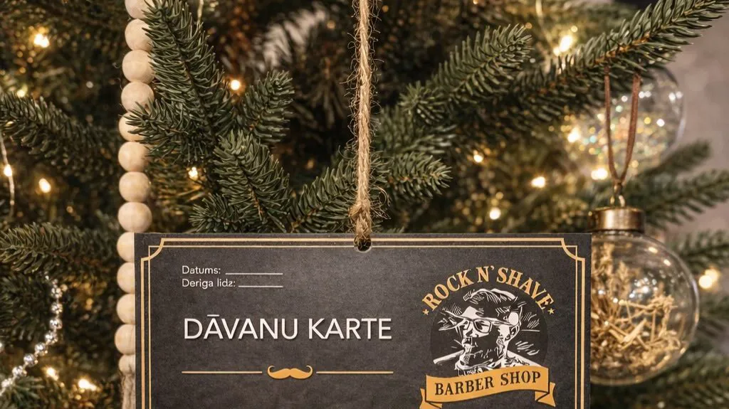 Rock ’N’ Shave dāvanu karte, kas karājas Ziemassvētku eglītē starp lampiņām